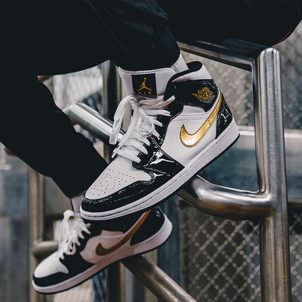 Air Jordan 1 Mid Patent 'Black Gold'- Streetwear Fashion - helmiss.com