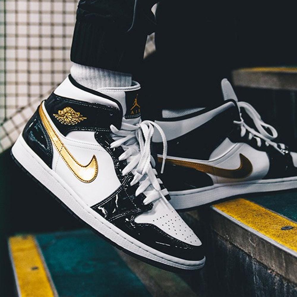 Air Jordan 1 Mid Patent 'Black Gold'- Streetwear Fashion - helmiss.com