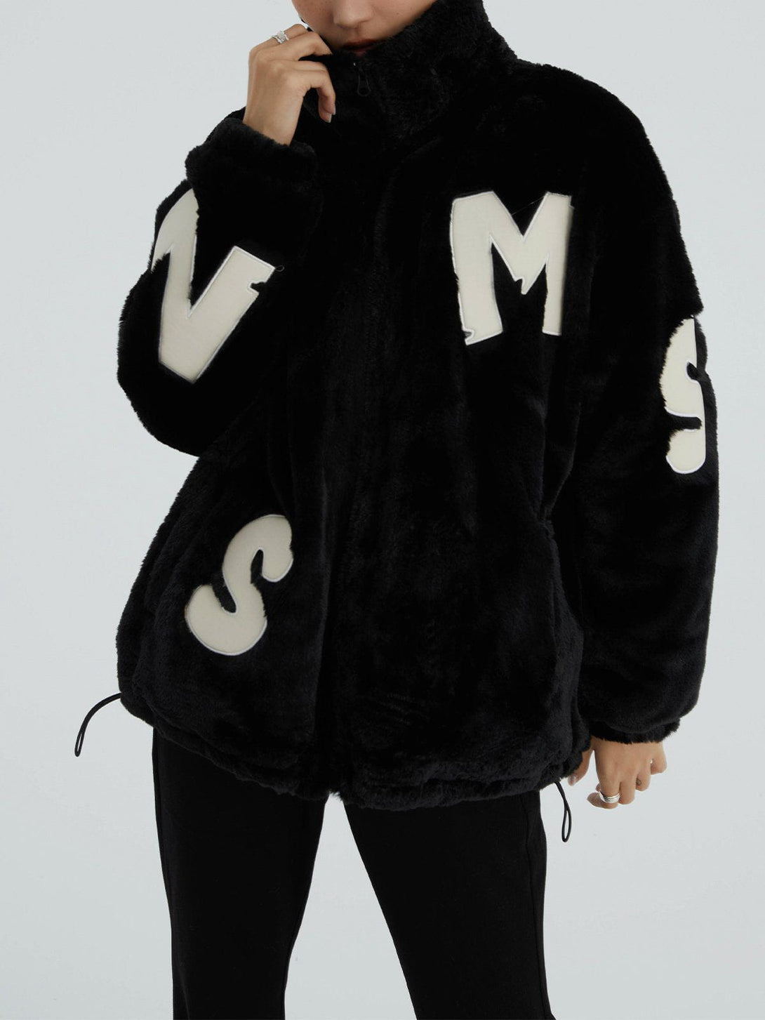 Helmiss - Alphabet PU Applique Plush Winter Coat- Streetwear Fashion - helmiss.com