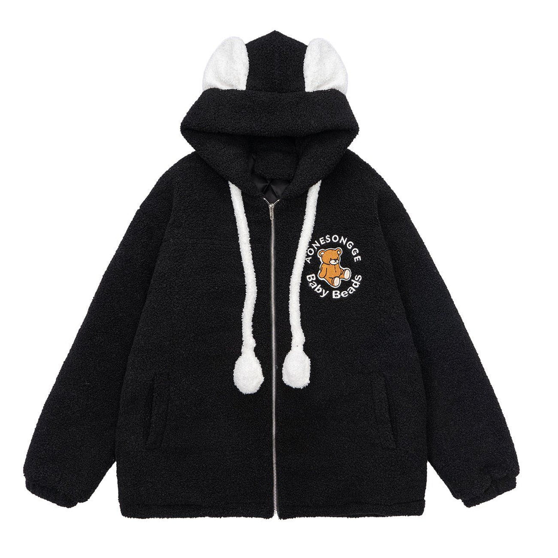 Helmiss - Bear Embroidered Ear Decoration Sherpa Winter Coat- Streetwear Fashion - helmiss.com