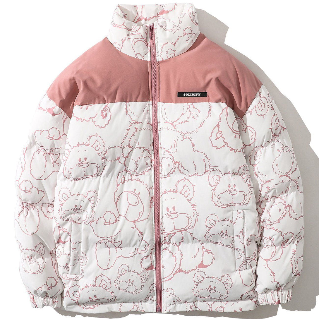 Helmiss - Bear Print Contrast Winter Coat- Streetwear Fashion - helmiss.com