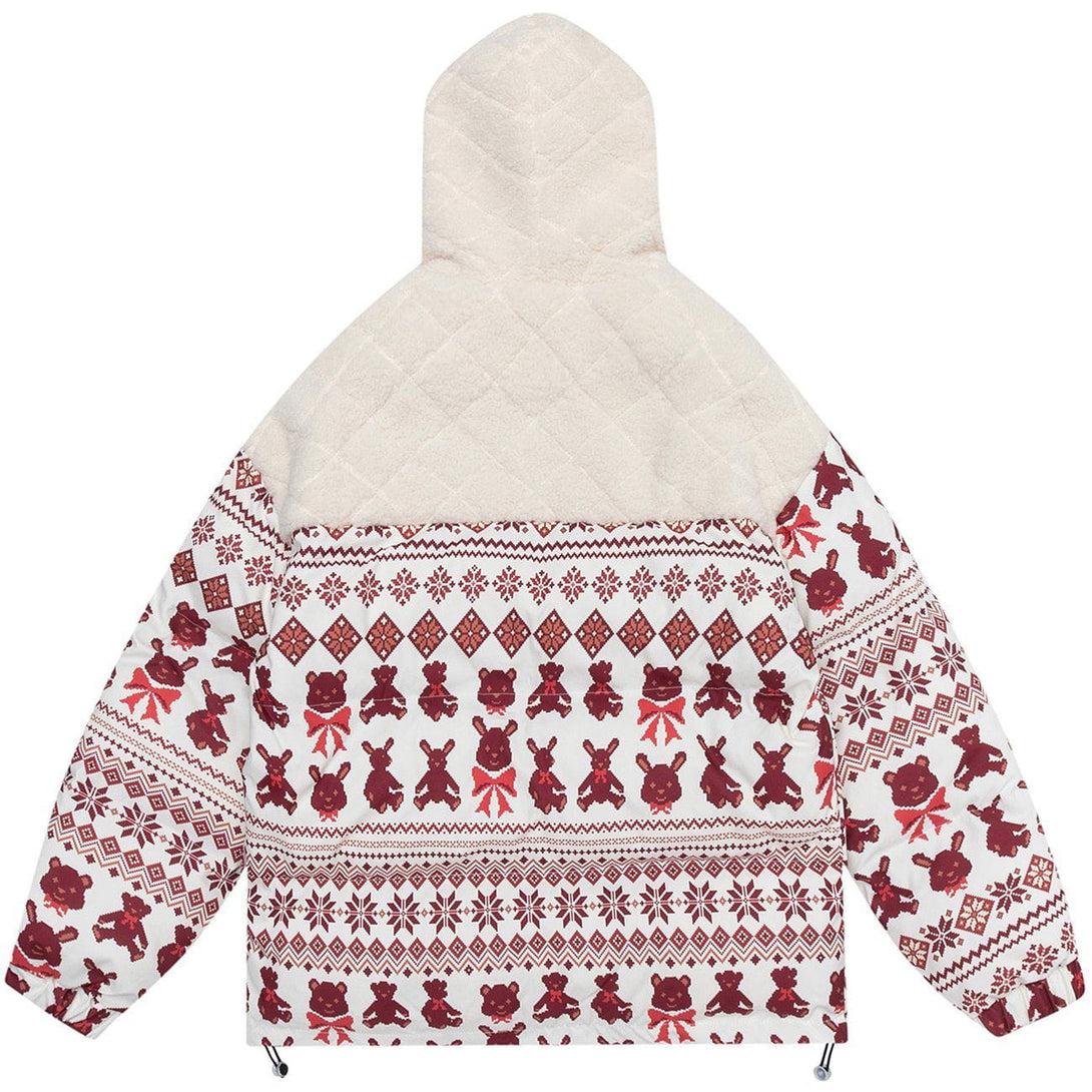 Helmiss - Bear Print Patchwork Hood Sherpa Winter Coat- Streetwear Fashion - helmiss.com