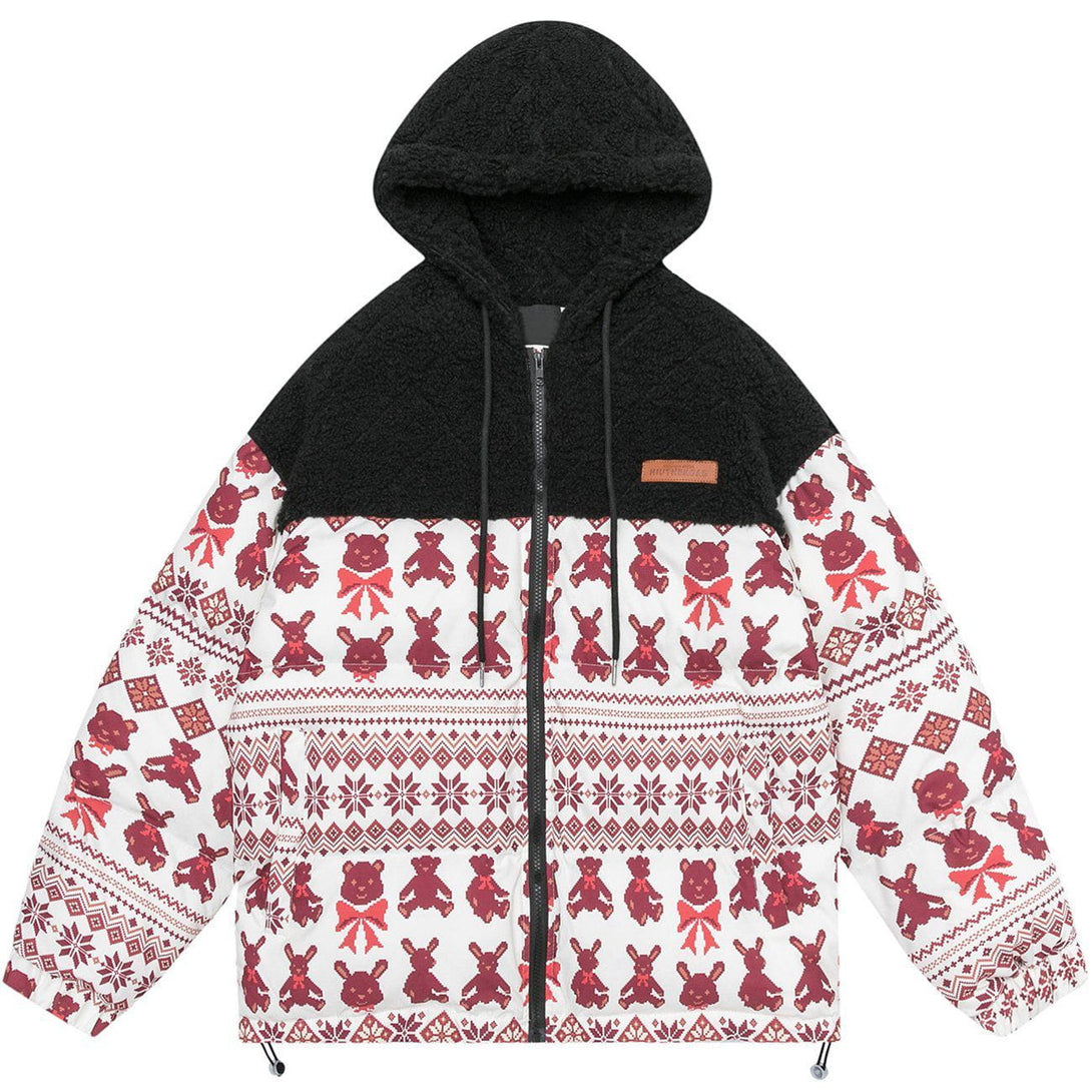 Helmiss - Bear Print Patchwork Hood Sherpa Winter Coat- Streetwear Fashion - helmiss.com