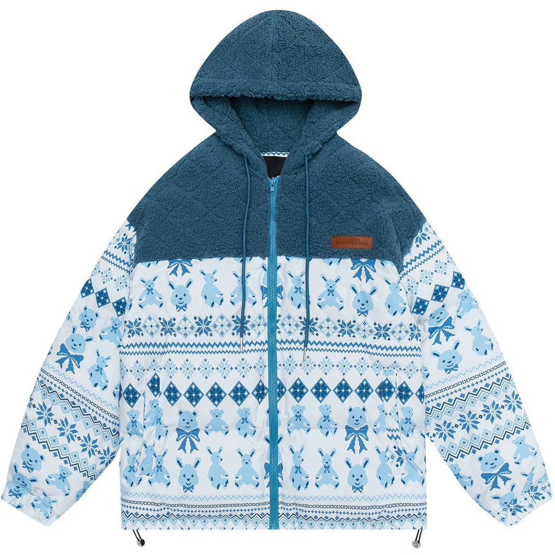 Helmiss - Bear Print Patchwork Hood Sherpa Winter Coat- Streetwear Fashion - helmiss.com