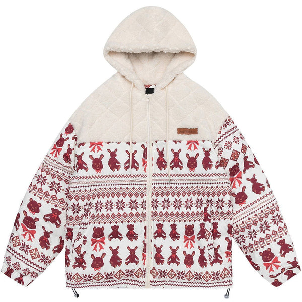 Helmiss - Bear Print Patchwork Hood Sherpa Winter Coat- Streetwear Fashion - helmiss.com