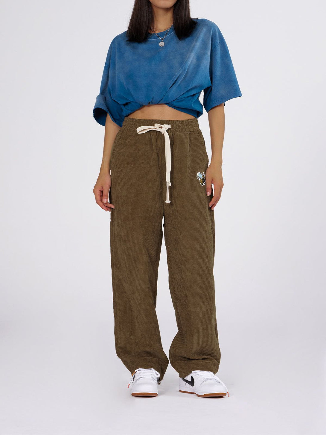 Helmiss - Bee Embroidered Corduroy Pants- Streetwear Fashion - helmiss.com