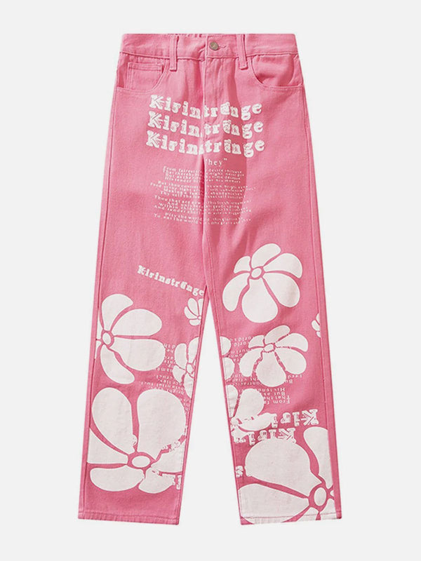 Helmiss - Big Flower Letter Print Jeans- Streetwear Fashion - helmiss.com