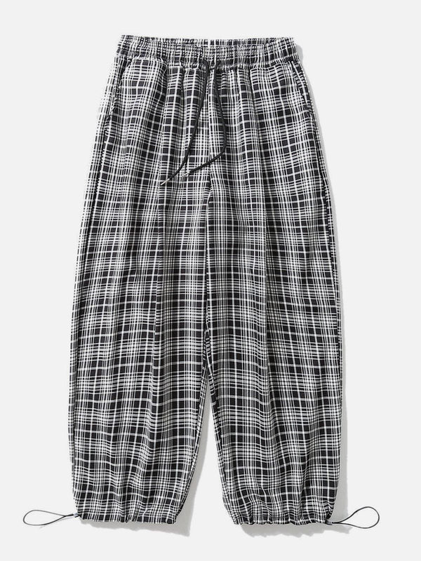 Helmiss - Black and White Plaid Drawstring Casual Pants- Streetwear Fashion - helmiss.com