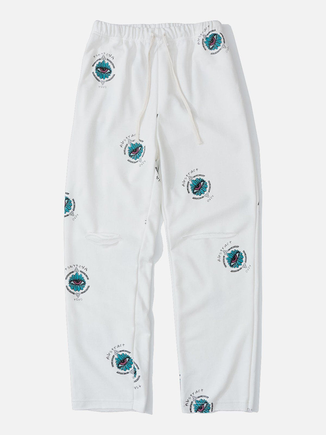 Helmiss - Blue Eye Print Drawstring Shredded Pants- Streetwear Fashion - helmiss.com