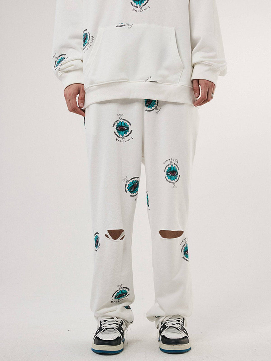 Helmiss - Blue Eye Print Drawstring Shredded Pants- Streetwear Fashion - helmiss.com