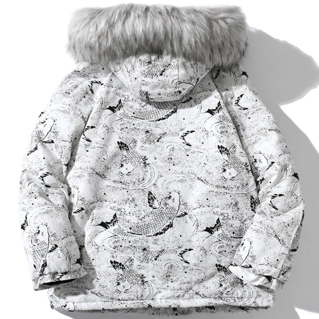 Helmiss - Carp Pattern Fur Collar Hooded Winter Coat- Streetwear Fashion - helmiss.com