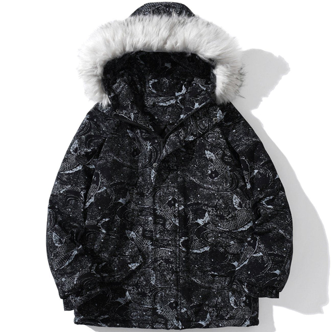 Helmiss - Carp Pattern Fur Collar Hooded Winter Coat- Streetwear Fashion - helmiss.com