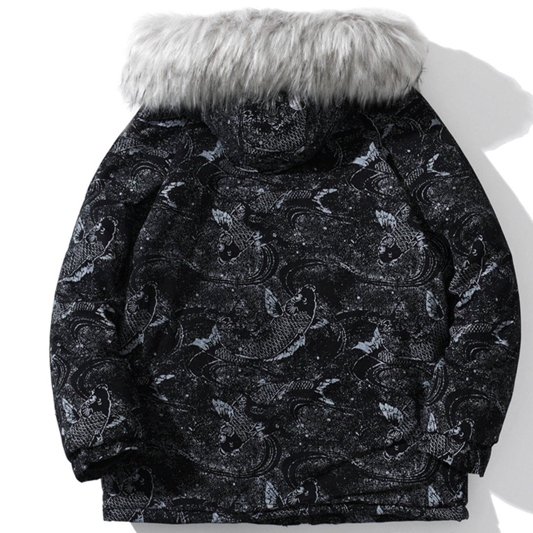 Helmiss - Carp Pattern Fur Collar Hooded Winter Coat- Streetwear Fashion - helmiss.com