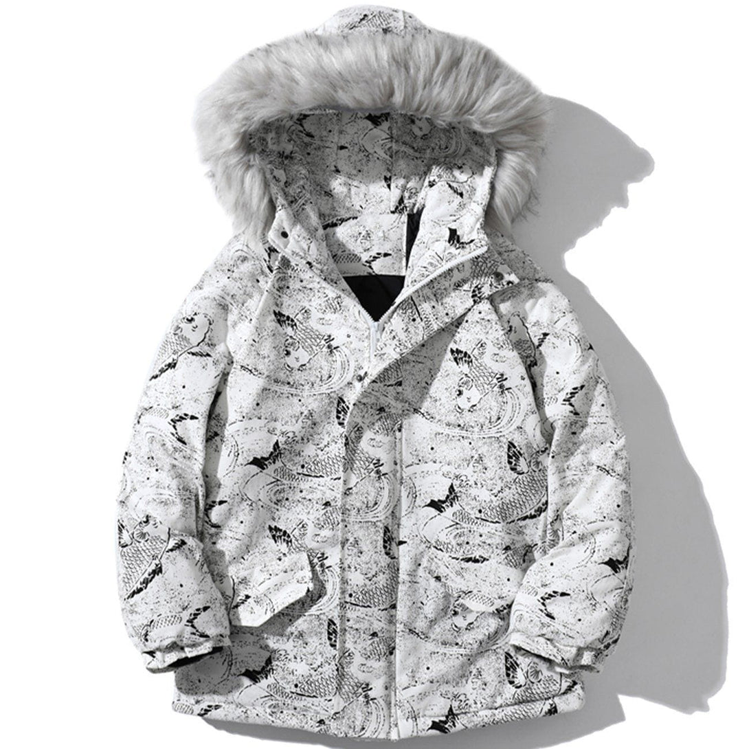 Helmiss - Carp Pattern Fur Collar Hooded Winter Coat- Streetwear Fashion - helmiss.com