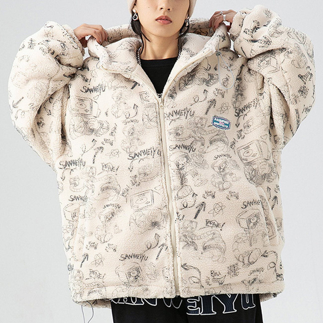 Helmiss - Cartoon Pattern Hooded Sherpa Winter Coat- Streetwear Fashion - helmiss.com