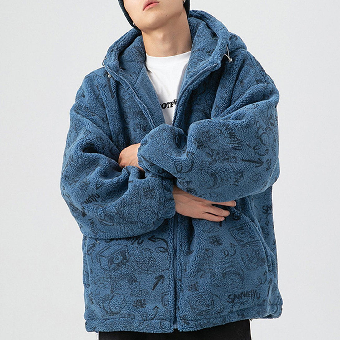 Helmiss - Cartoon Pattern Hooded Sherpa Winter Coat- Streetwear Fashion - helmiss.com