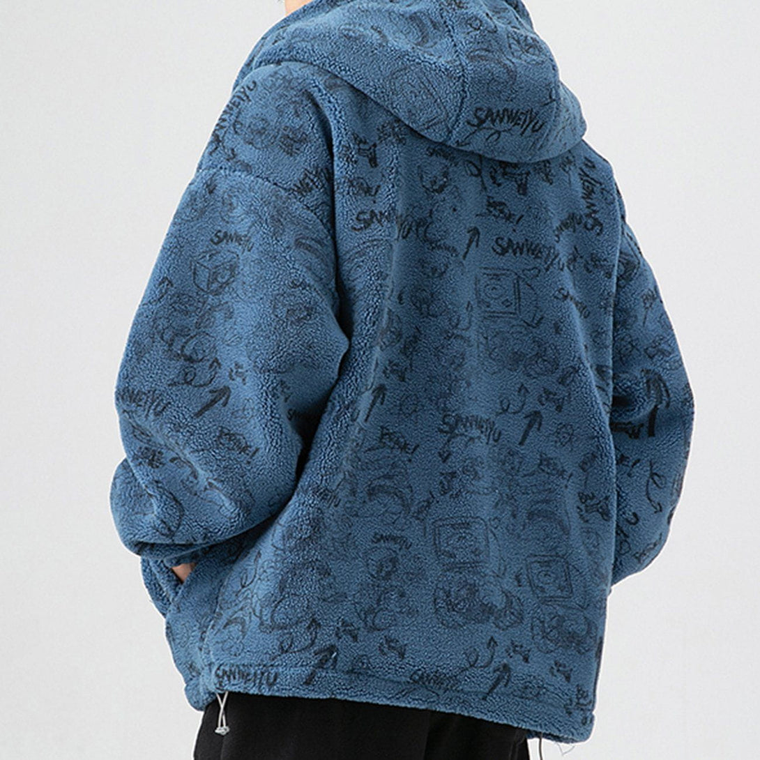 Helmiss - Cartoon Pattern Hooded Sherpa Winter Coat- Streetwear Fashion - helmiss.com