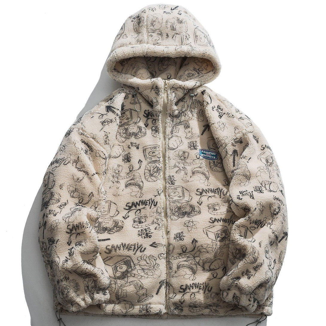 Helmiss - Cartoon Pattern Hooded Sherpa Winter Coat- Streetwear Fashion - helmiss.com