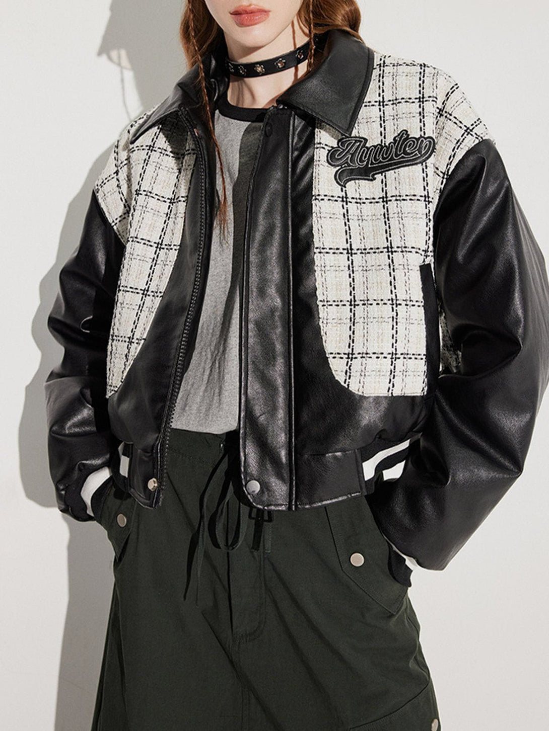 Helmiss - Check Patchwork PU Embroidery Winter Coat- Streetwear Fashion - helmiss.com