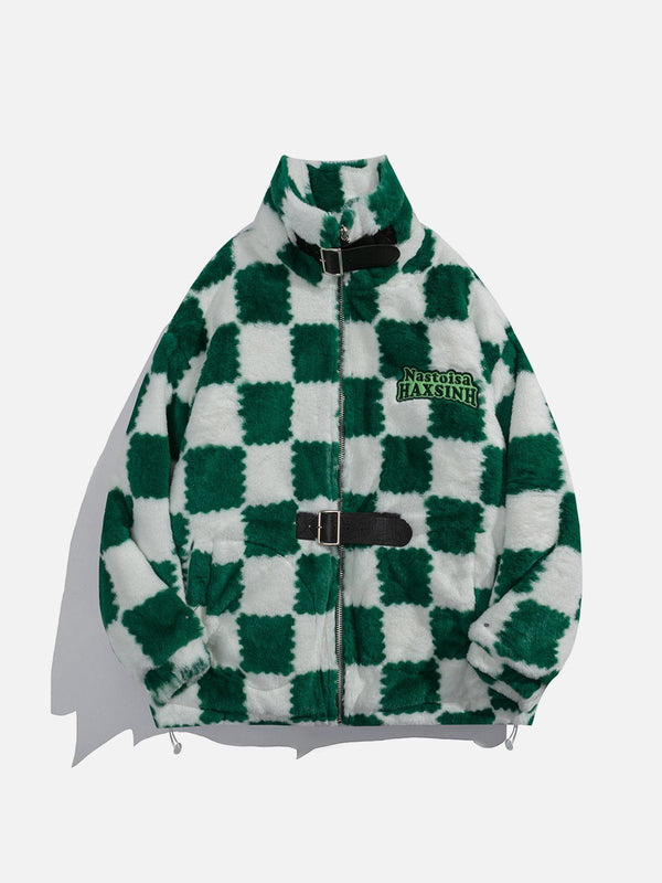 Helmiss - Checkerboard Embroidered Sherpa Winter Coat- Streetwear Fashion - helmiss.com