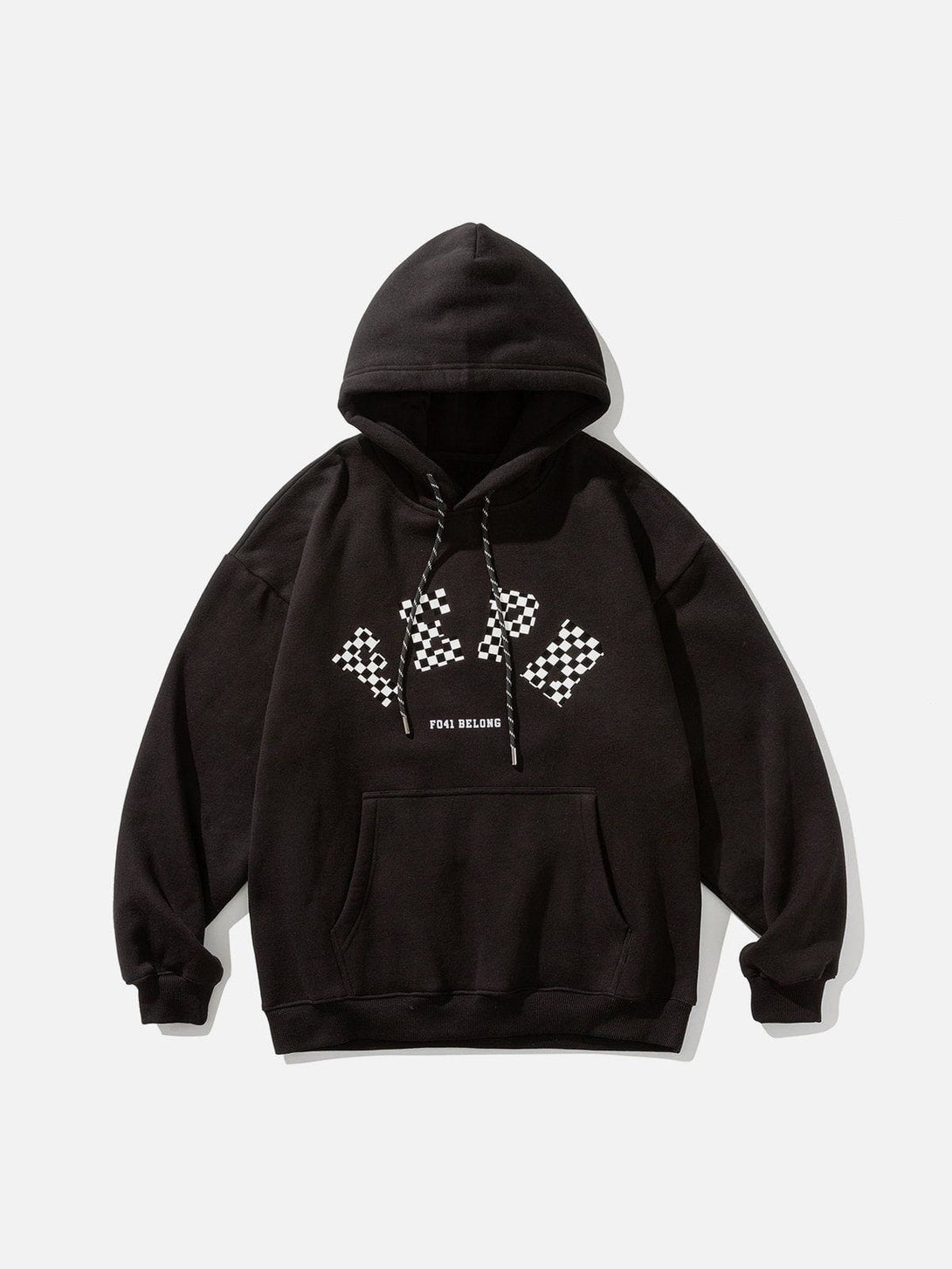 Helmiss - Checkerboard Letter Print Fleece Hoodie- Streetwear Fashion - helmiss.com