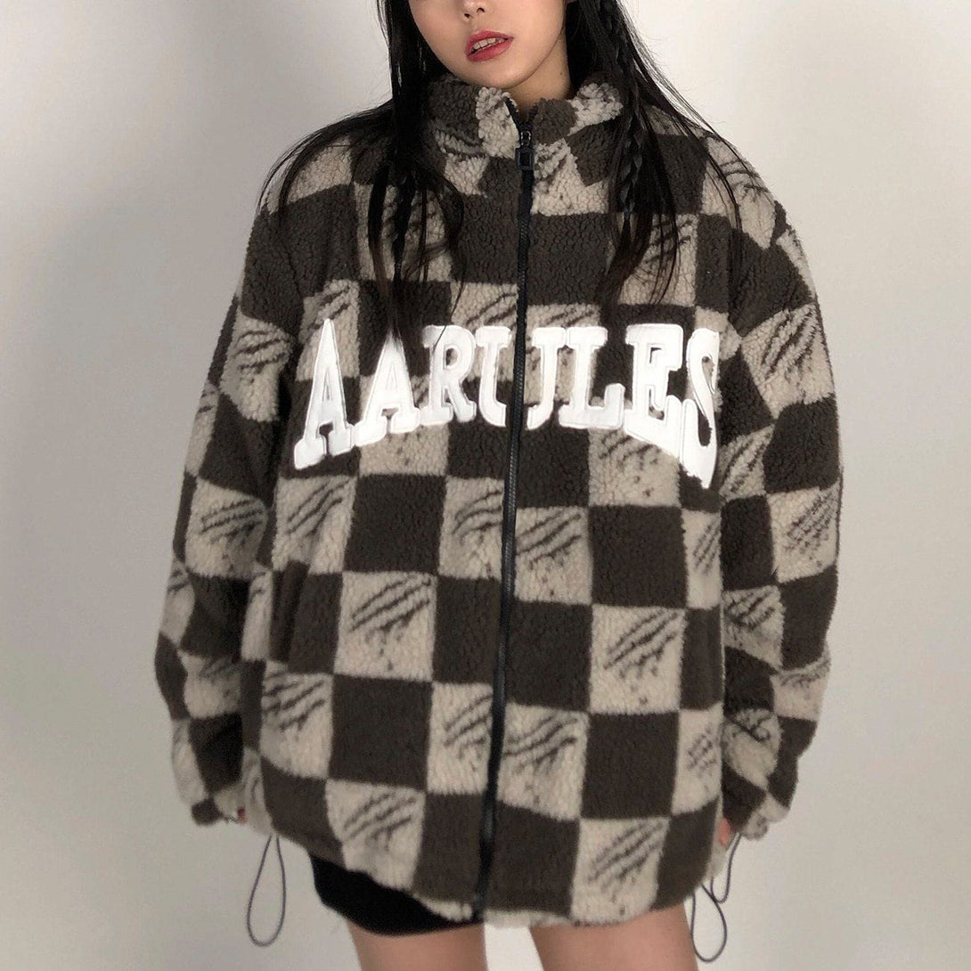 Helmiss - Claw Mark Checkerboard Sherpa Winter Coat- Streetwear Fashion - helmiss.com