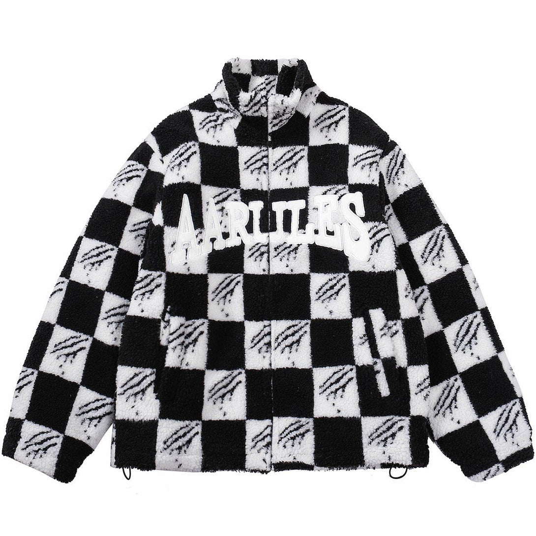 Helmiss - Claw Mark Checkerboard Sherpa Winter Coat- Streetwear Fashion - helmiss.com