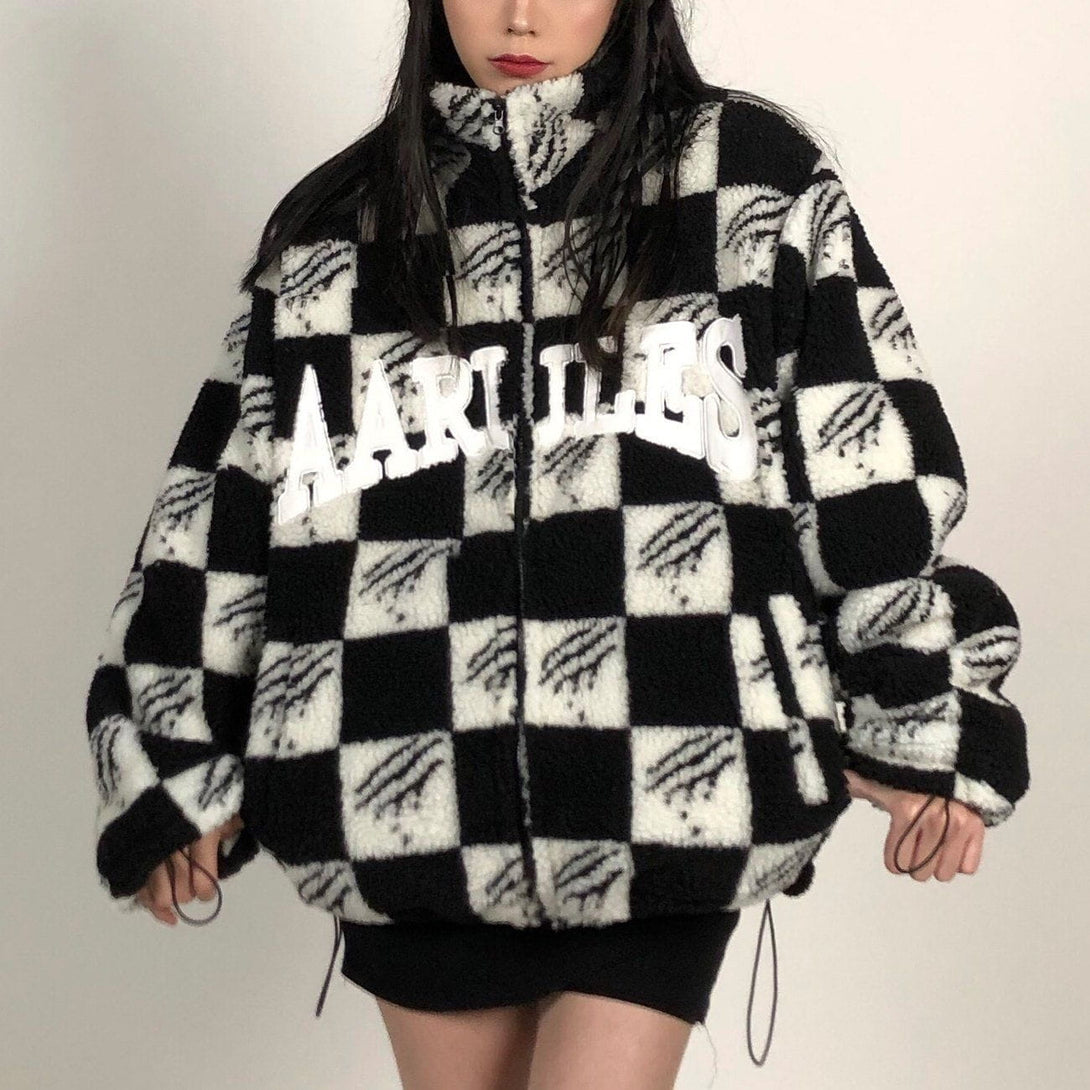 Helmiss - Claw Mark Checkerboard Sherpa Winter Coat- Streetwear Fashion - helmiss.com