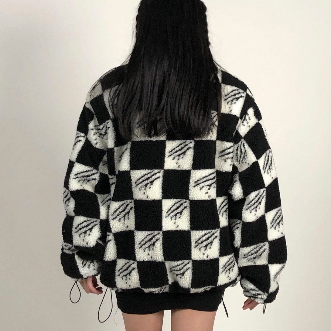 Helmiss - Claw Mark Checkerboard Sherpa Winter Coat- Streetwear Fashion - helmiss.com