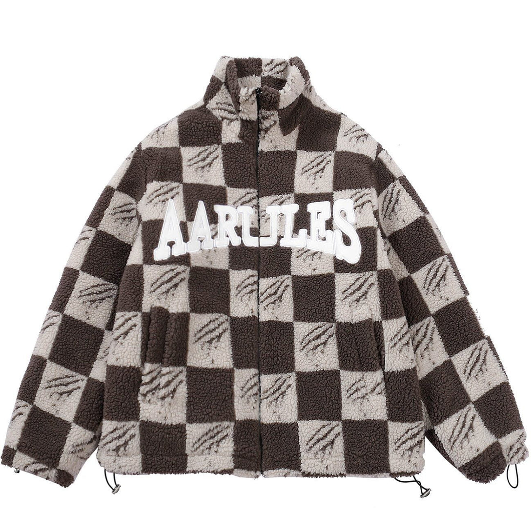 Helmiss - Claw Mark Checkerboard Sherpa Winter Coat- Streetwear Fashion - helmiss.com