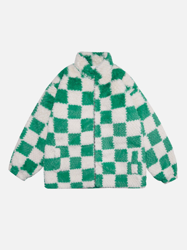 Helmiss - Contrast Checkerboard Sherpa Coat- Streetwear Fashion - helmiss.com