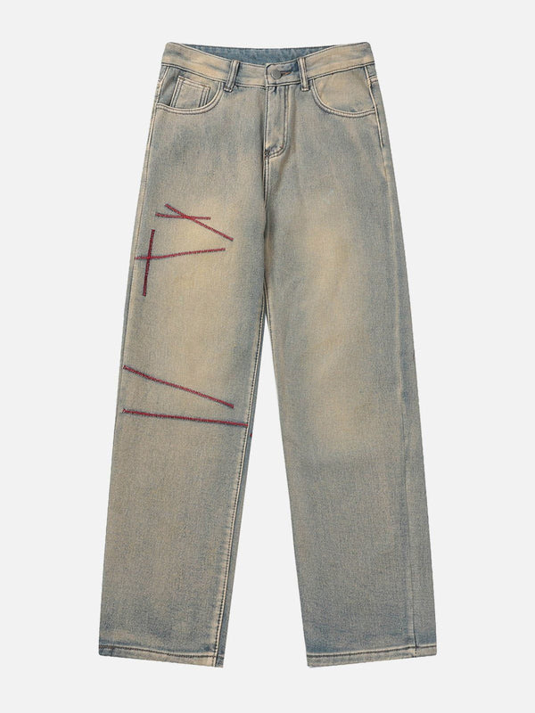 Helmiss - Contrast Embroidered Thread Washed Jeans- Streetwear Fashion - helmiss.com