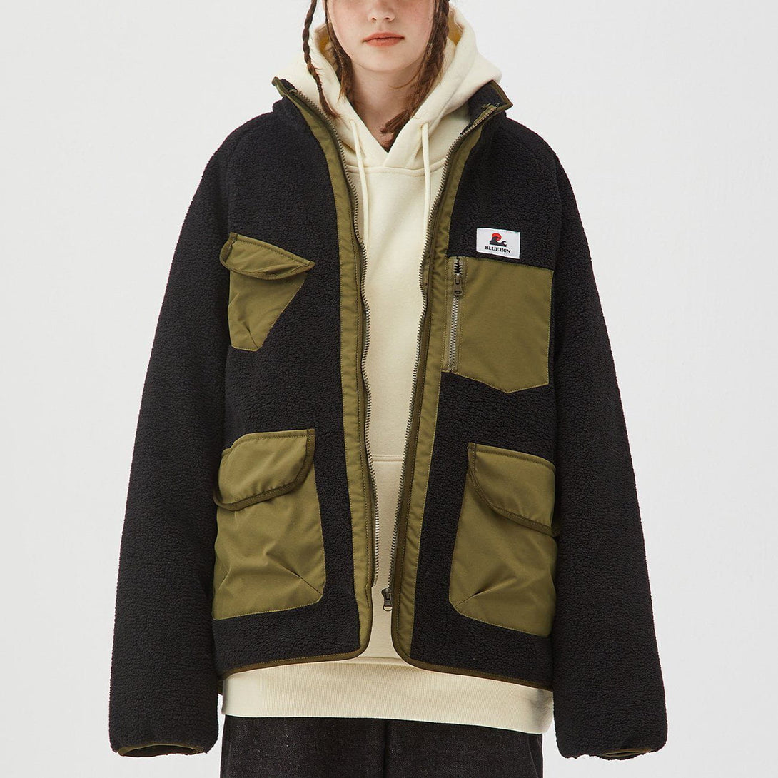 Helmiss - Contrast Multi-Pocket Sherpa Winter Coat- Streetwear Fashion - helmiss.com