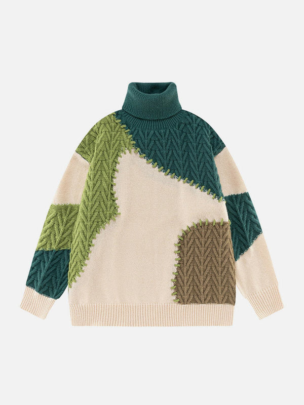 Helmiss - Contrast Patchwork Turtleneck Sweater- Streetwear Fashion - helmiss.com