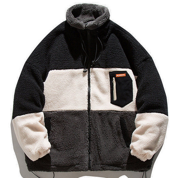 Helmiss - Contrast Stitching Pockets Sherpa Coat- Streetwear Fashion - helmiss.com