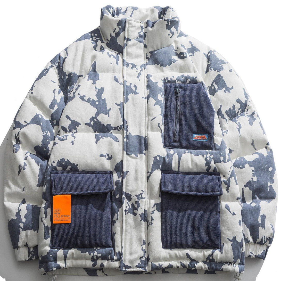 Helmiss - Cow Stripes Pattern Patchwork Pockets Winter Coat- Streetwear Fashion - helmiss.com