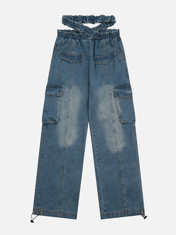 Helmiss - Cross Belt Washed Jeans- Streetwear Fashion - helmiss.com