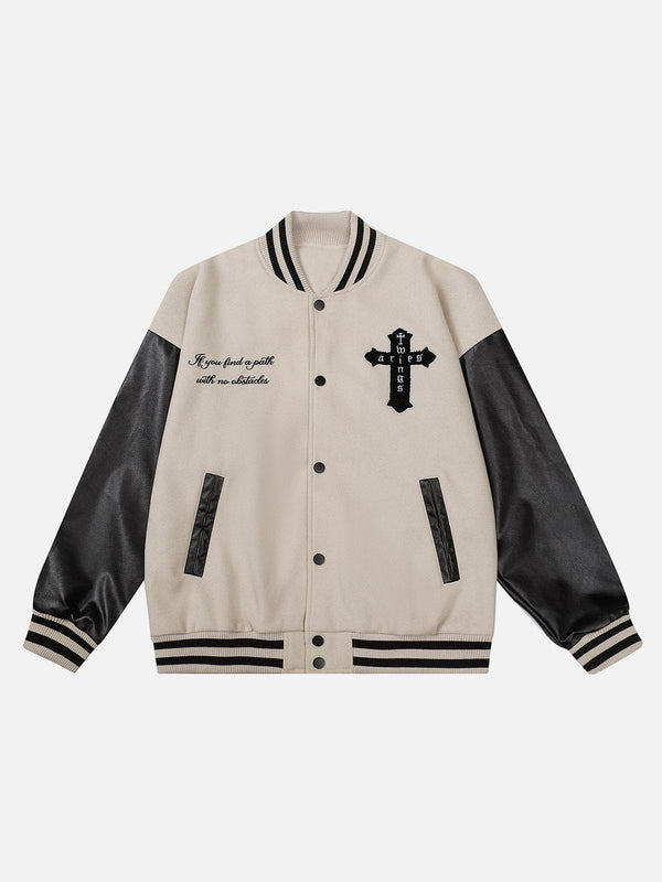 Helmiss - Cross Flock Patchwork Varsity Jacket- Streetwear Fashion - helmiss.com