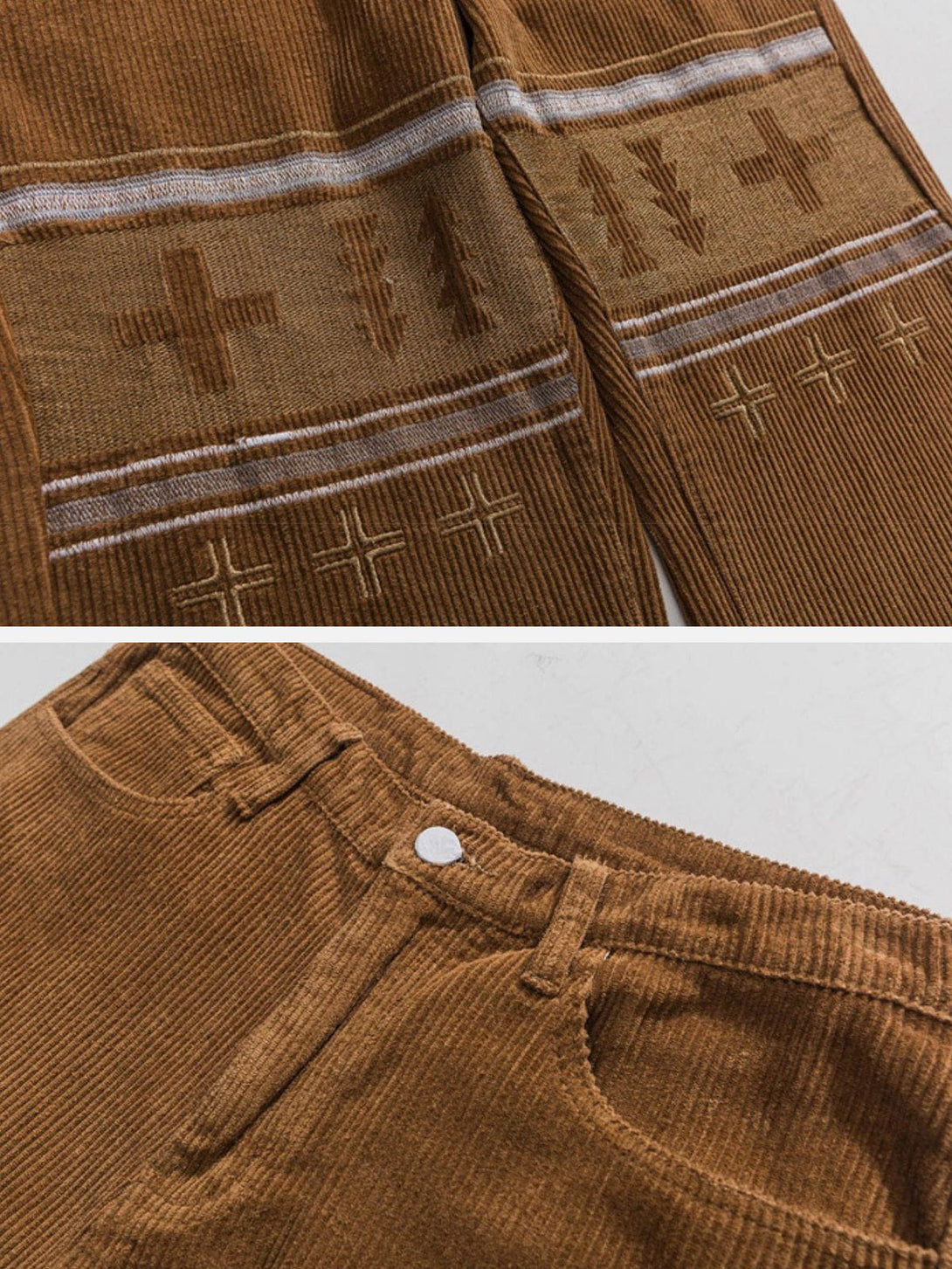 Helmiss - Cross Panel Embroidered Corduroy Pants- Streetwear Fashion - helmiss.com