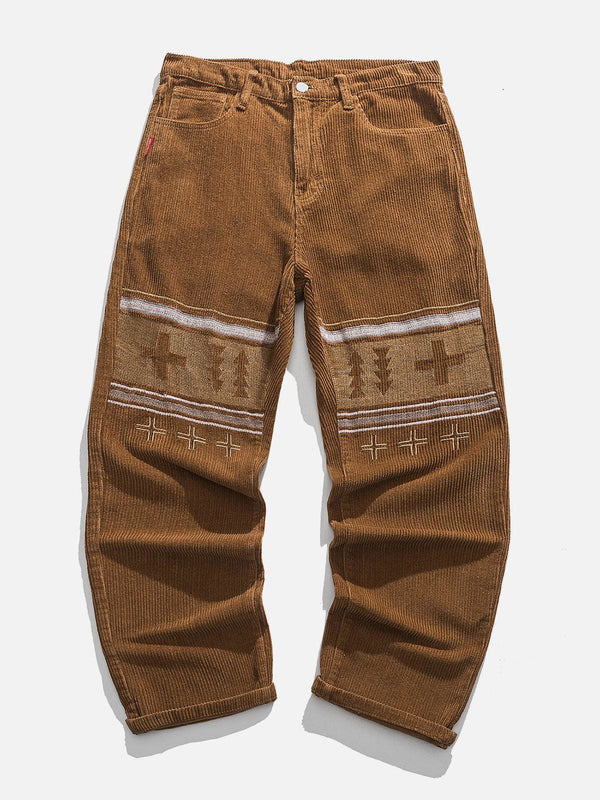 Helmiss - Cross Panel Embroidered Corduroy Pants- Streetwear Fashion - helmiss.com