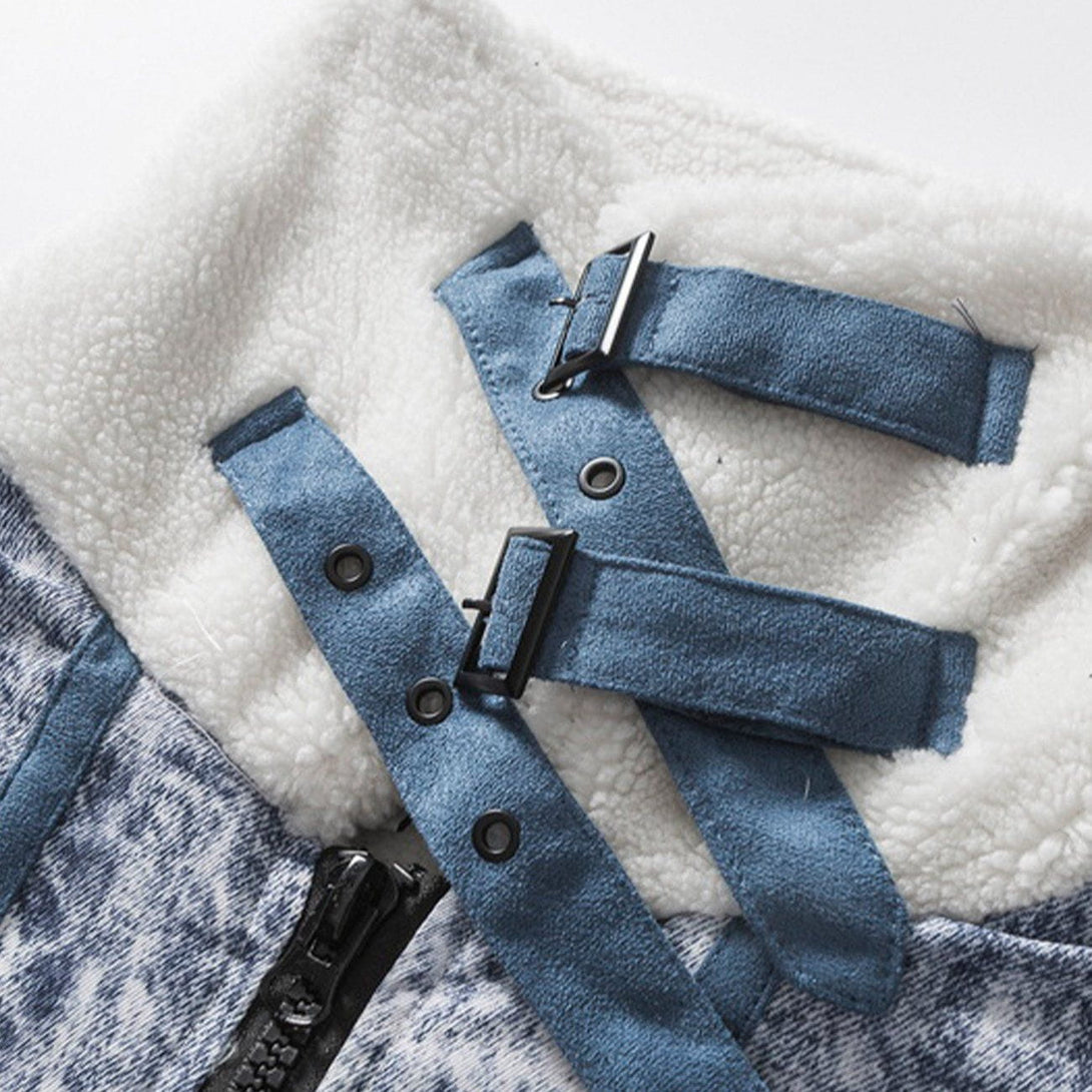 Helmiss - Distressed Lambswool Collar Winter Coat- Streetwear Fashion - helmiss.com