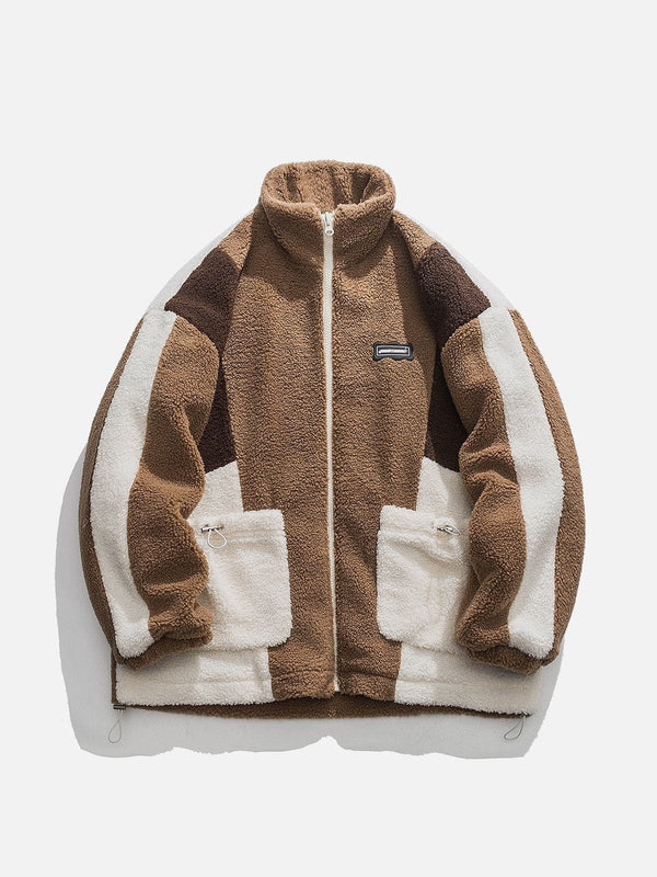 Helmiss - Drawstring Patchwork Sherpa Coat- Streetwear Fashion - helmiss.com