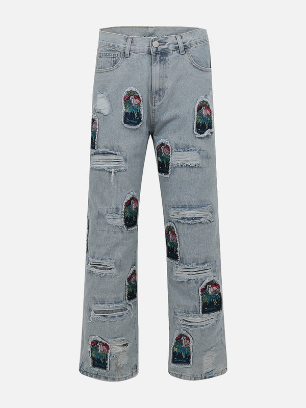 Helmiss - Embroidered Burlap Patchwork Jeans- Streetwear Fashion - helmiss.com