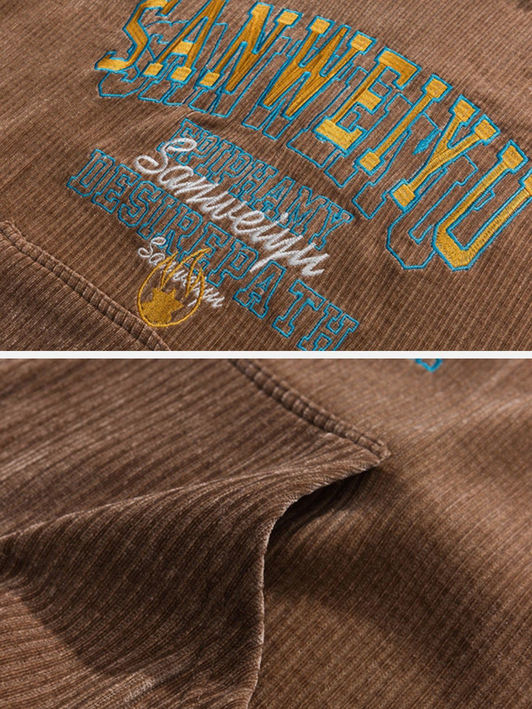 Helmiss - Embroidered Letters Corduroy Hoodie- Streetwear Fashion - helmiss.com