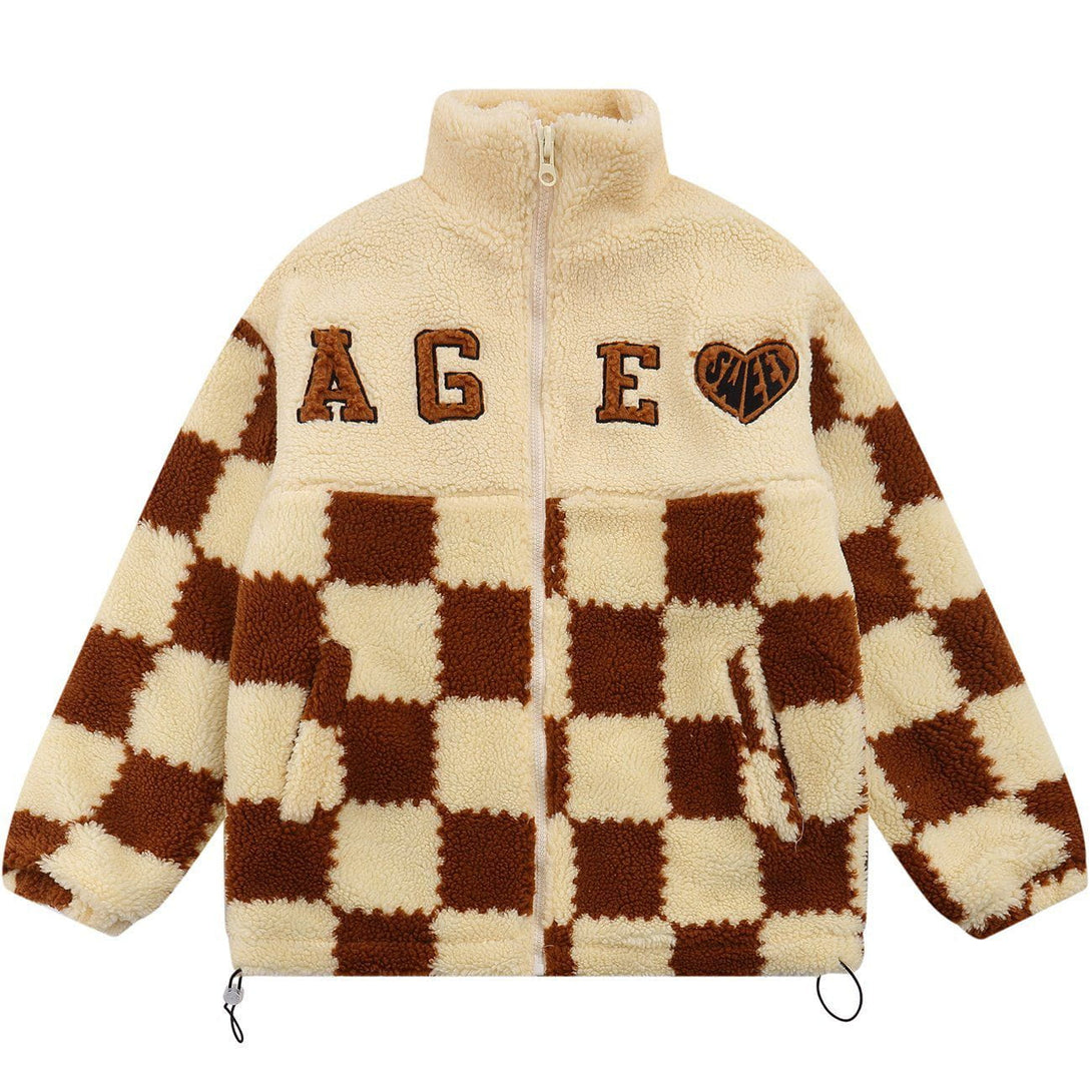 Helmiss - Embroidered Letters Lattice Sherpa Winter Coat- Streetwear Fashion - helmiss.com