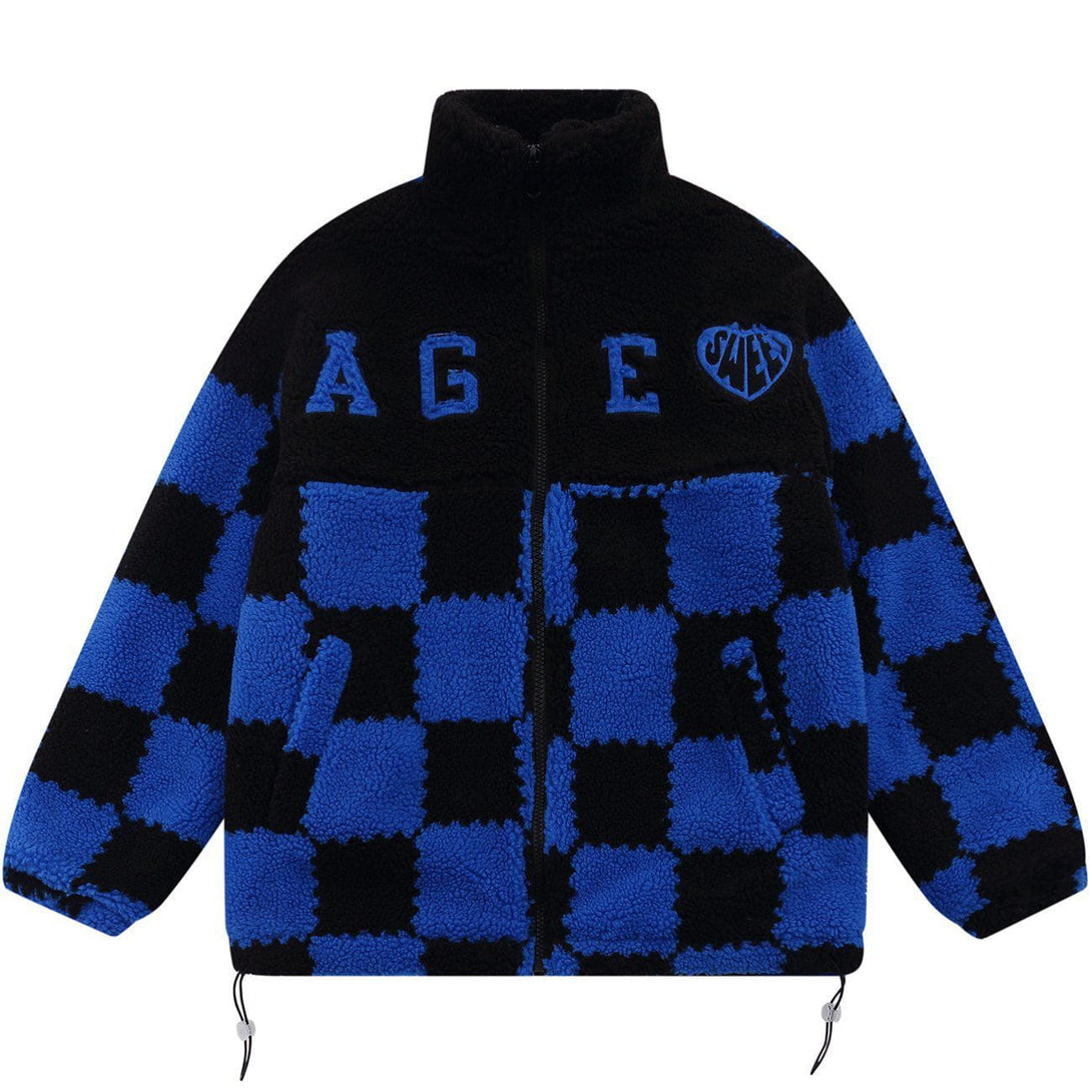 Helmiss - Embroidered Letters Lattice Sherpa Winter Coat- Streetwear Fashion - helmiss.com