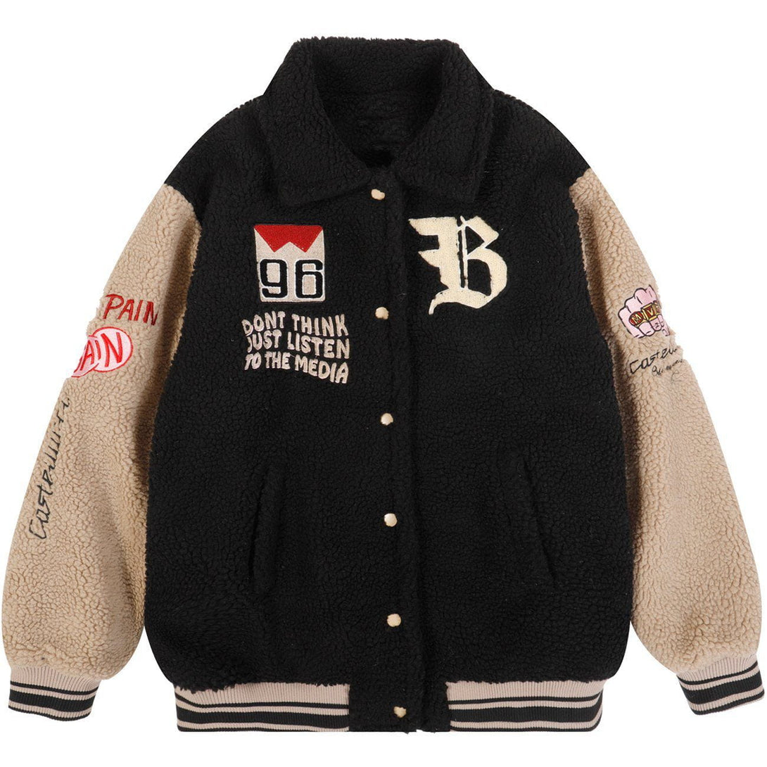 Helmiss - Embroidered Letters Sherpa Winter Coat- Streetwear Fashion - helmiss.com