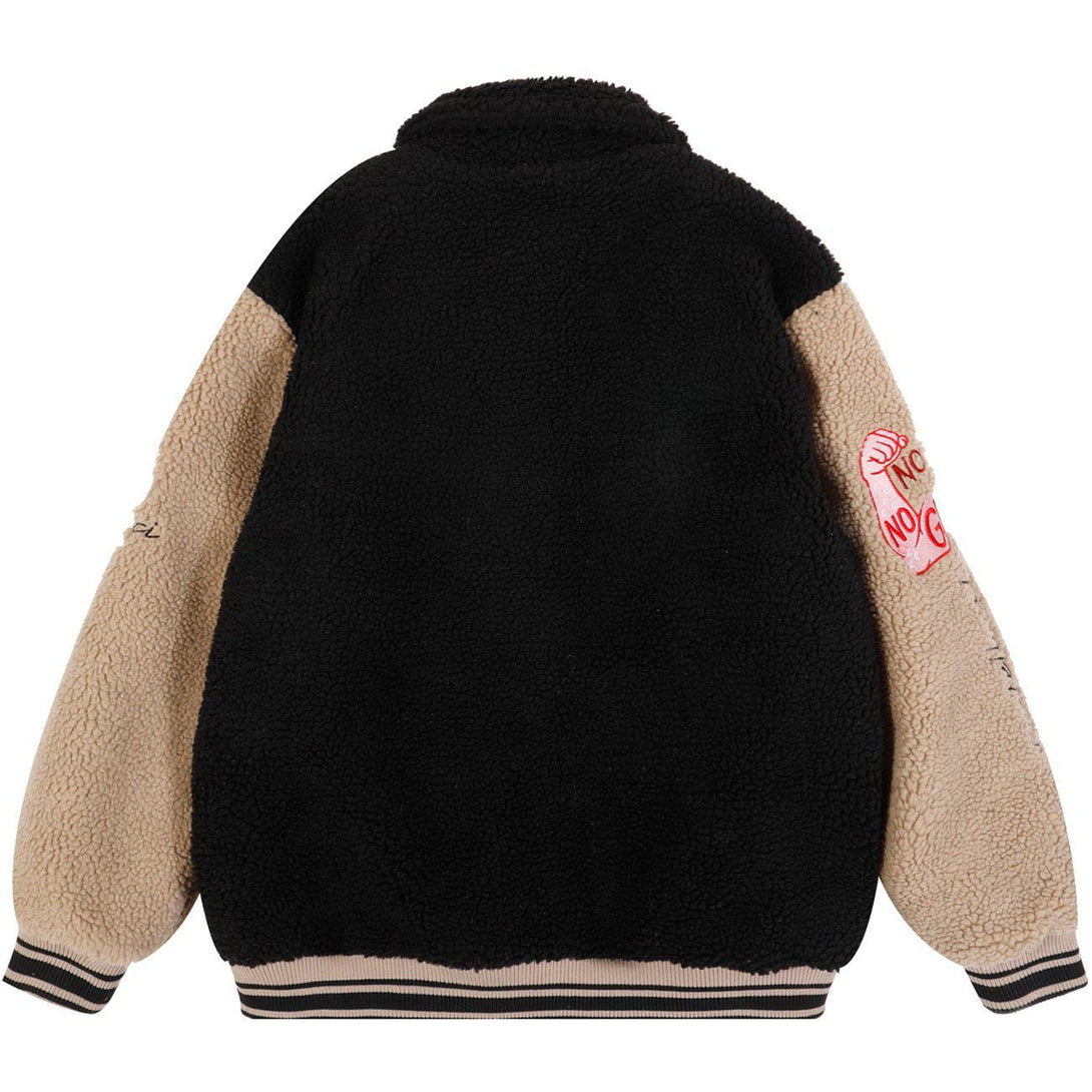 Helmiss - Embroidered Letters Sherpa Winter Coat- Streetwear Fashion - helmiss.com