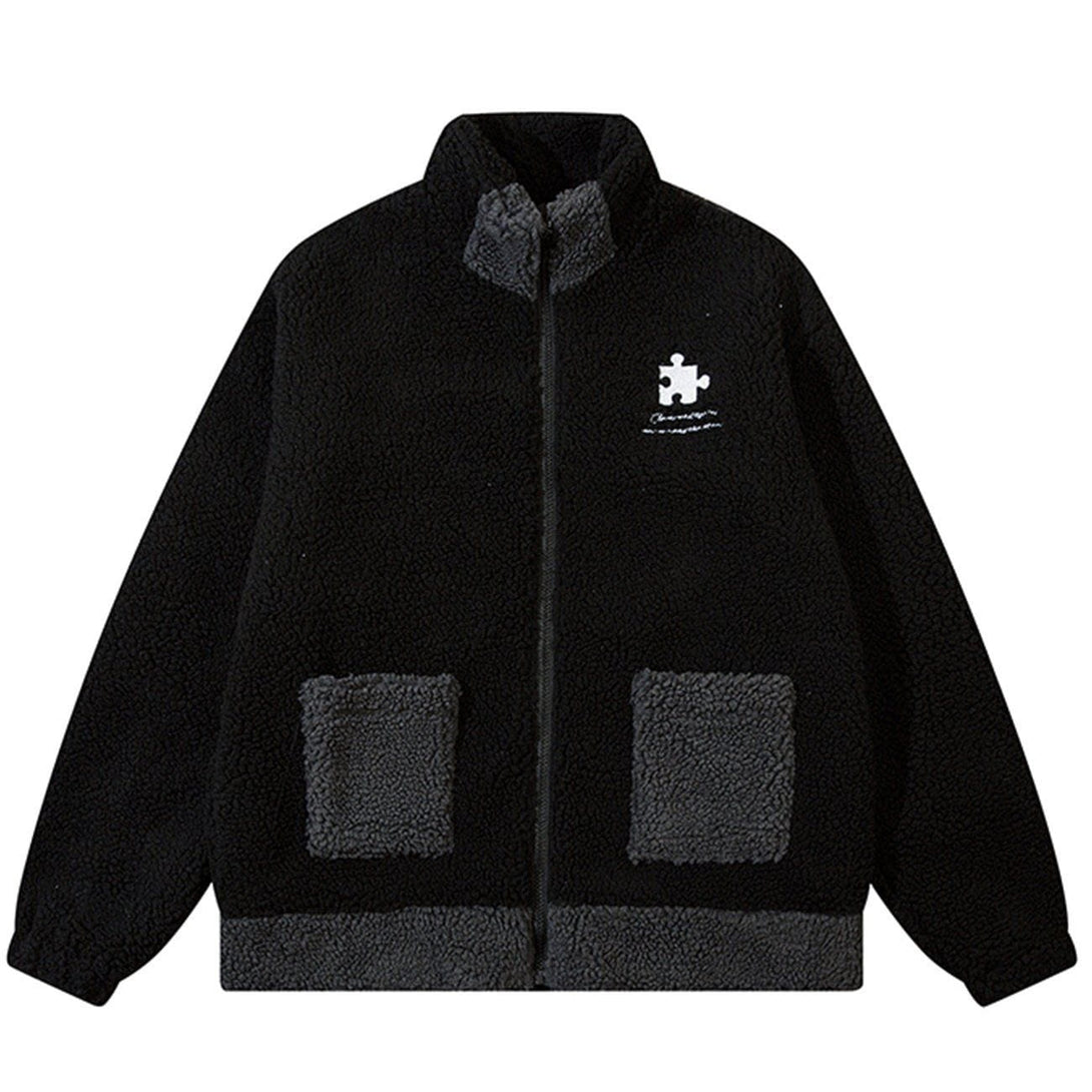 Helmiss - Embroidered Puzzle Letters Sherpa Winter Coat- Streetwear Fashion - helmiss.com