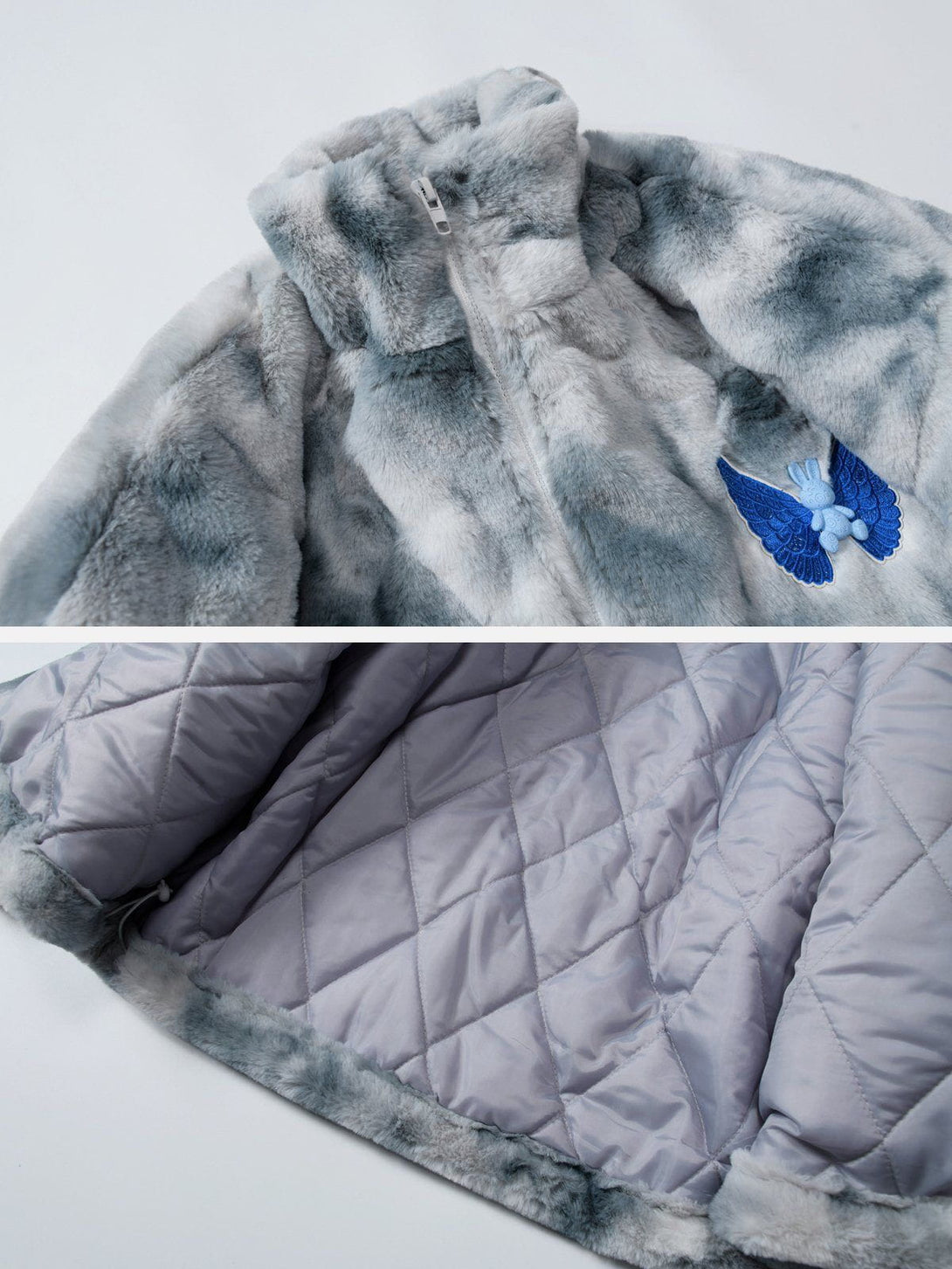 Helmiss - Embroidered Wings Bunny Label Tie Dye Sherpa Coat- Streetwear Fashion - helmiss.com